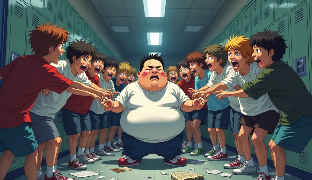 anime.In the school hallway, a poor fat boy was surrounded by a crowd of schoolchildren and schoolgirls pointing their fingers at him and laughing at him