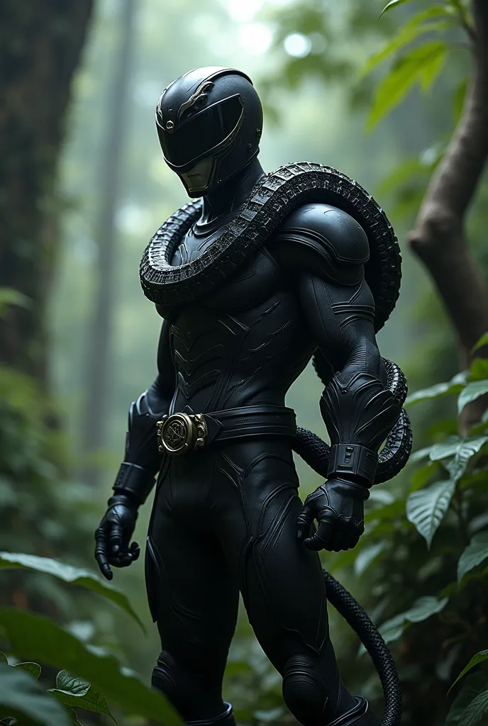 Detailed picture of a male black power ranger that uses a snake as a motif, A helmet obscures their face, no cape, taking a fighting pose on a jungle, alone