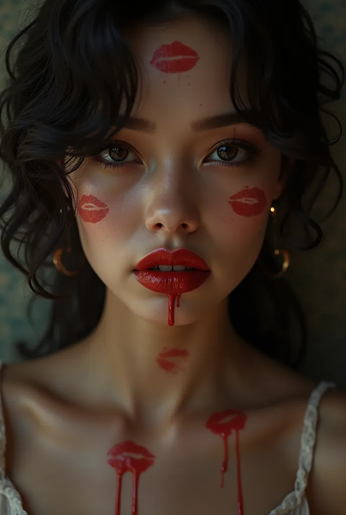 Face of a woman looking back and forth with a sensual look and her lipstick dripping down her mouth and lots of kissing marks on her face 