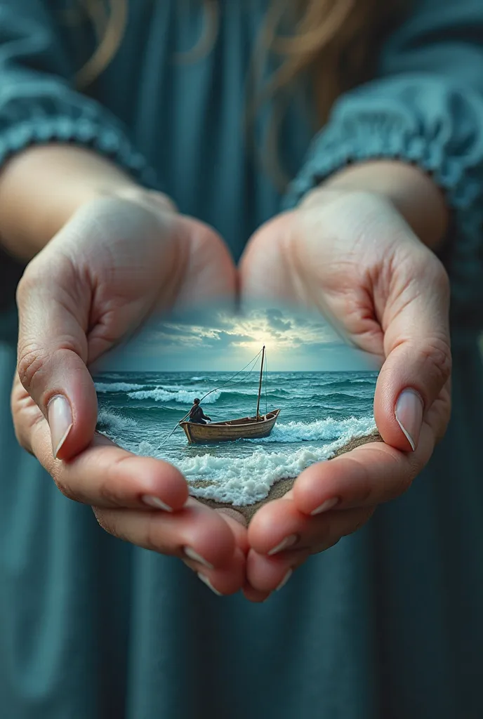 View from above in the open palms of a woman's hands water sea waves storm water dark blue a small boat in which a man fishes with a rod one centimeter long floats in the palms of a woman