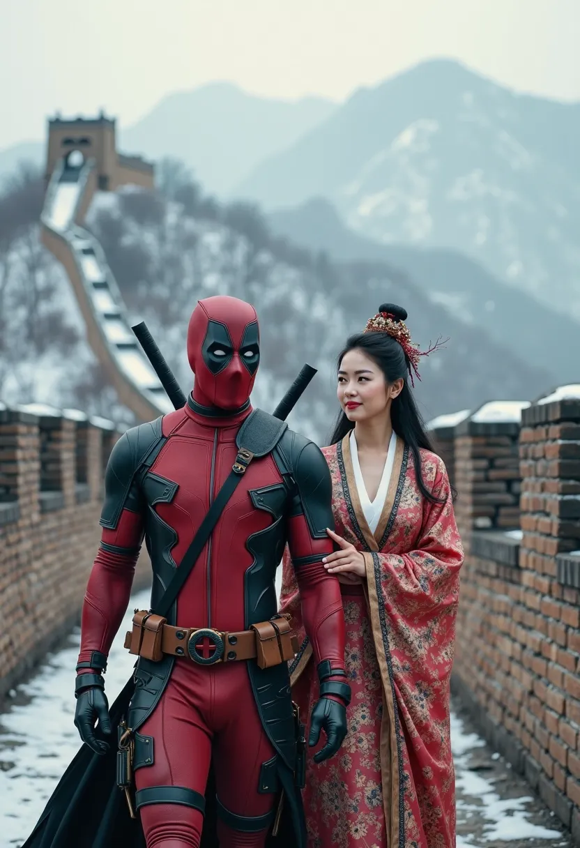 Deadpool wearing traditional clothes cina hanfu warna hitam dan seorang wanita cina berwajah cantik,wearing traditional clothes,  is walking along ,left and right side background of the Great Wall of China,snowy mountain background, realistic image ,HD qua...