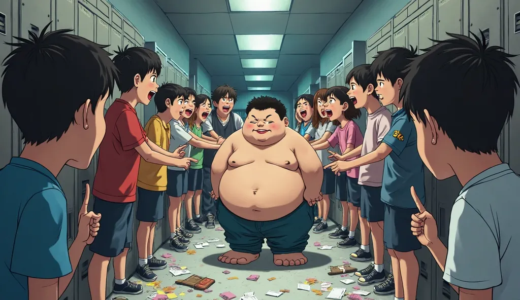 anime.In the school hallway, a poor fat boy was surrounded by a crowd of schoolchildren and schoolgirls pointing their fingers at him and laughing at him