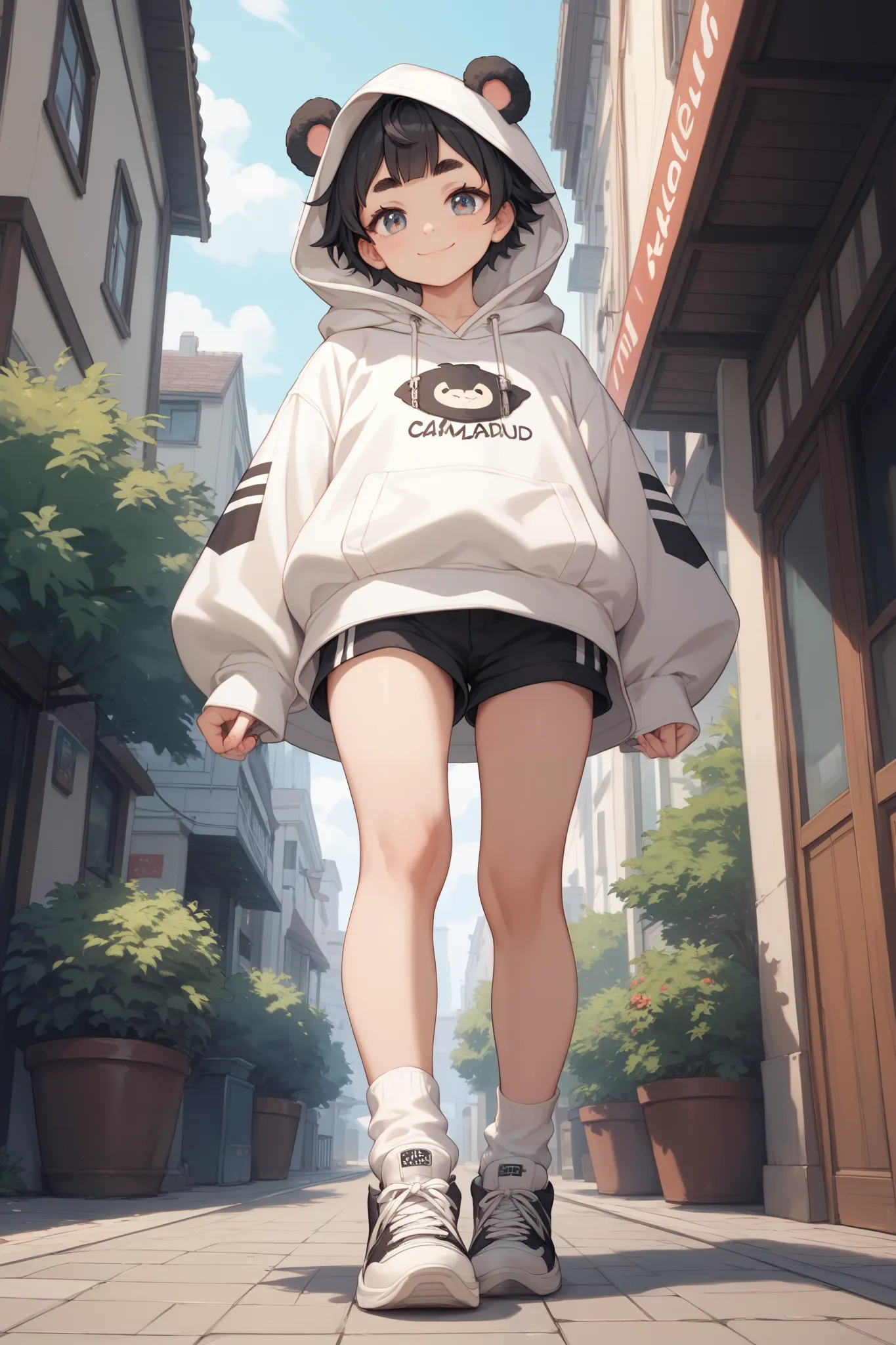 The cute boy's appearance is a neutral face with short black hair and long eyelashes. Slightly thick eyebrows. A gentle smiling expression. A white oversized hoodie layered on the bottom of the hood. Short black shorts peeking out from the bottom of the ho...