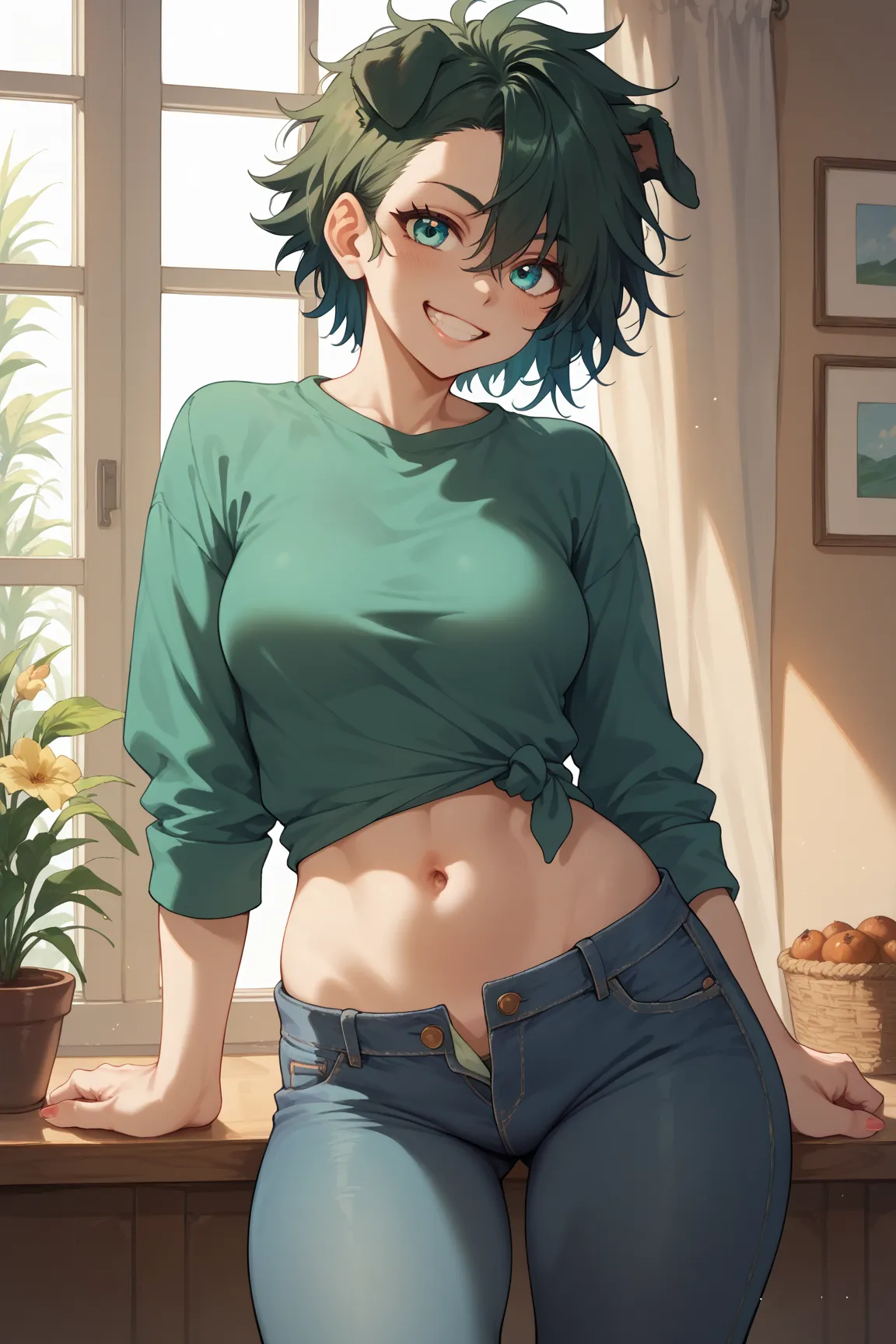  Furry, futanari,  Dog Girl Alone, 23 years old, Messy hair,  asymmetrical hair , very short hair, aqua eyes, medium breasts,  tinted, 167 cm , pale skin, crotch crotch, Grin, olive green shirt , Jeans, cheeky look at the belly button, face_down_sex_positi...