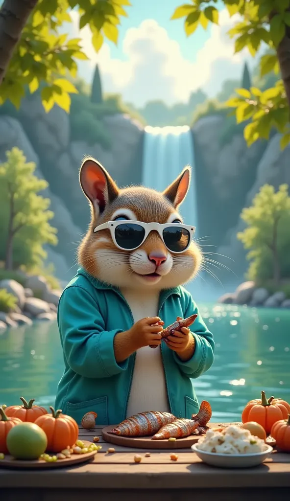 The image portrays a whimsical and creative scene featuring a chubby Squirrel wearing turquoise jumpsuit positioned at a river. The squirrel exudes a humorous, anthropomorphic vibe with its accessories: it is wearing white-tinted sunglasses and is sitting ...