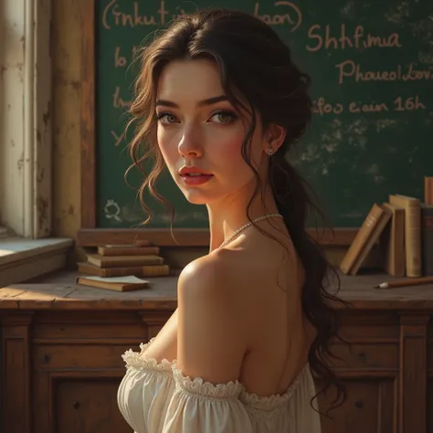 une jeune gouvernante sexy, énorme seins, Visage délicat,cheveux bruns, yeux rêveurs ,expression douce, Position élégante ,dans une classe d'école vintage,lumière chaude,vieux livres,tableau noir,détails en bois,atmosphère nostalgique,peinture à l'huile,ha...