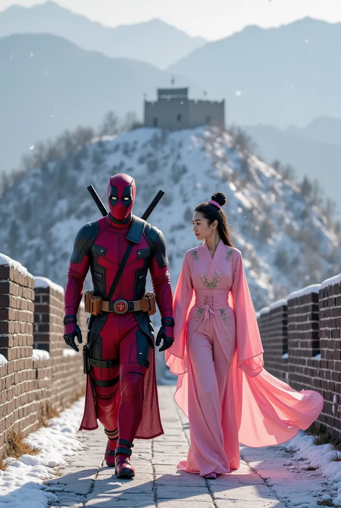 Deadpool wearing traditional clothes cina hanfu warna merah muda dan seorang wanita cina berwajah cantik,wearing traditional clothes,  is walking along ,left and right side background of the Great Wall of China,snowy mountain background, realistic image ,H...