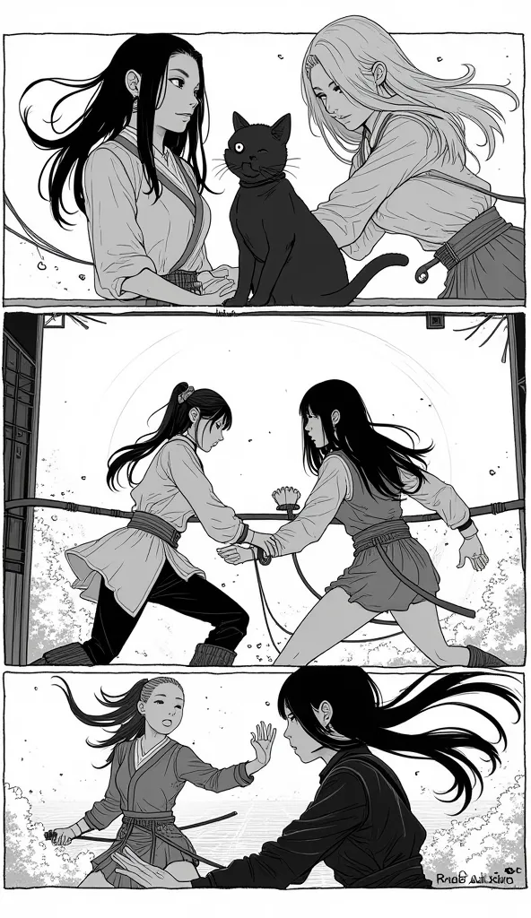 Comic pages of women fighting over black cats, Manga by Hisashi Eguchi, black and white Manga Page,  manga scan ,  Female Protagonist 👀 :8, Manga Page, Black and white manga panel, in , 白黒の漫画風in, In manga style、dynamic３Panel composition