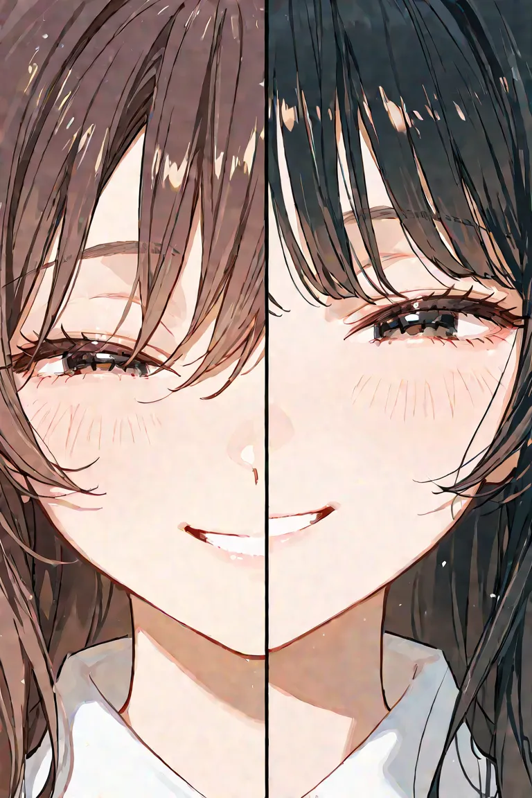 Two woman one with brown hair, close face, one with long black hair, close face, smiling excitedly with close eyes and open eyes 