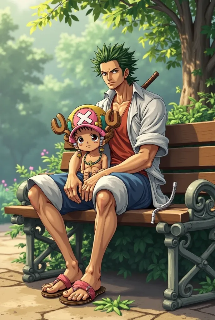 (One piece ) , zoro et le petit chopper assi ensemble sur un banc 