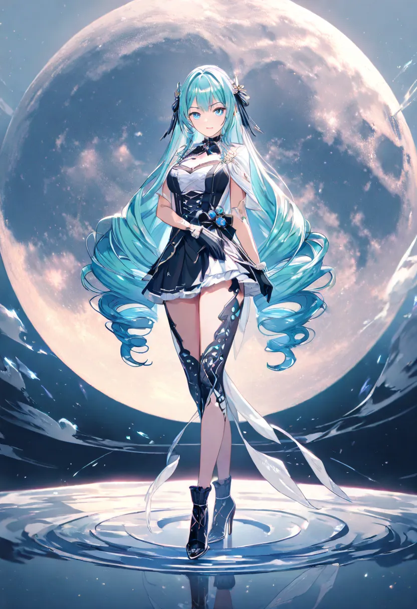 1 girle, Age 15, long hair, drill hair, Mint Cream Hair, Light Blue Eyes, full body, pink gothic clothing, High Heels, Relaxing night sky, Full moon background, Anime, Masterpiece, UHD, retina, masterpiece, accurate, anatomically correct, textured skin, su...