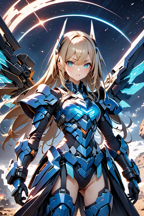 Girl using a weapon   、
1 girl,     serious expression、 long hair,   Mecha Girl,  Blue Armored Girl：1.2、Shining Machine Wings:1.5、  Jade Eyes,  cute face、Armed Girl 、High Contrast between Mouth and Nose、 、手形のあるなびく髪、     intense expression、Fierce Battle Sce...