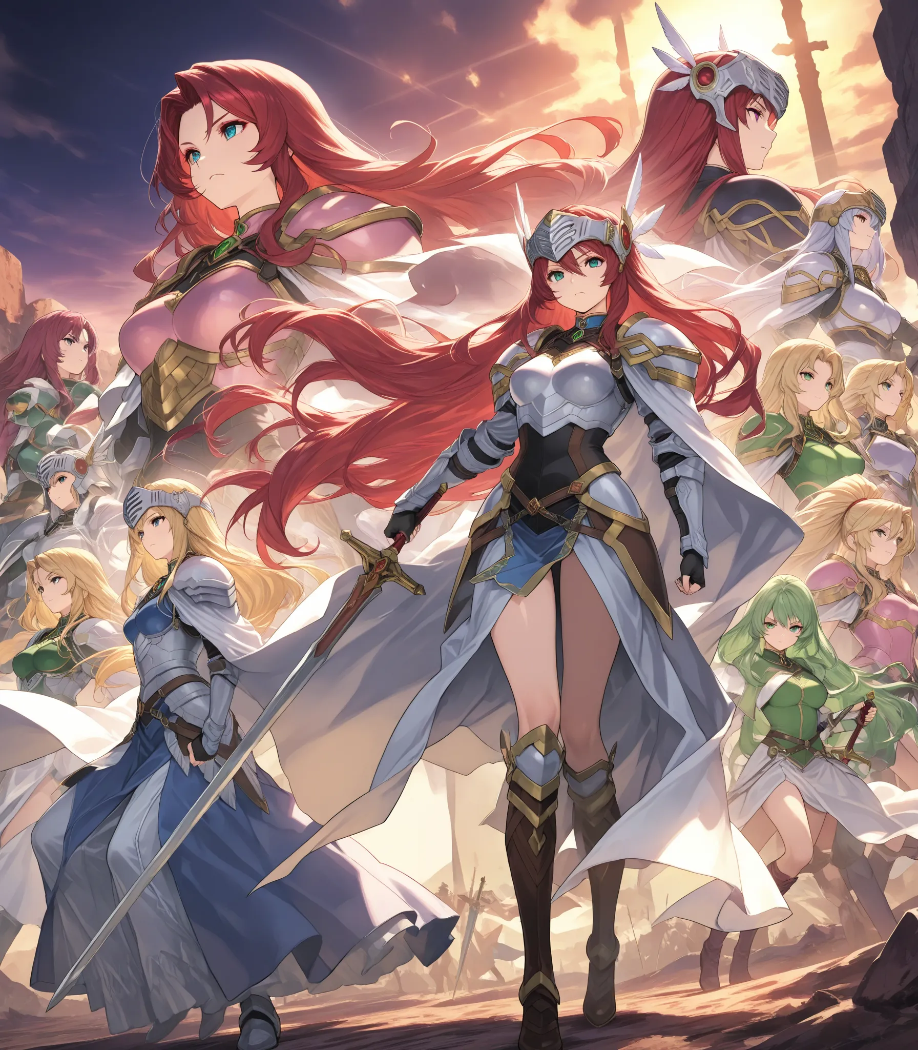 5girls, a group of 5 anime warrior girls valkyries, Valkyrie Profile,large cape, wasteland, Wearing a soft armor,big large bosom (inside armor's breastplate), broadsword on her hand,serious, curvy body, milf's hips, They're cavalry (but rides a wolf), ridi...