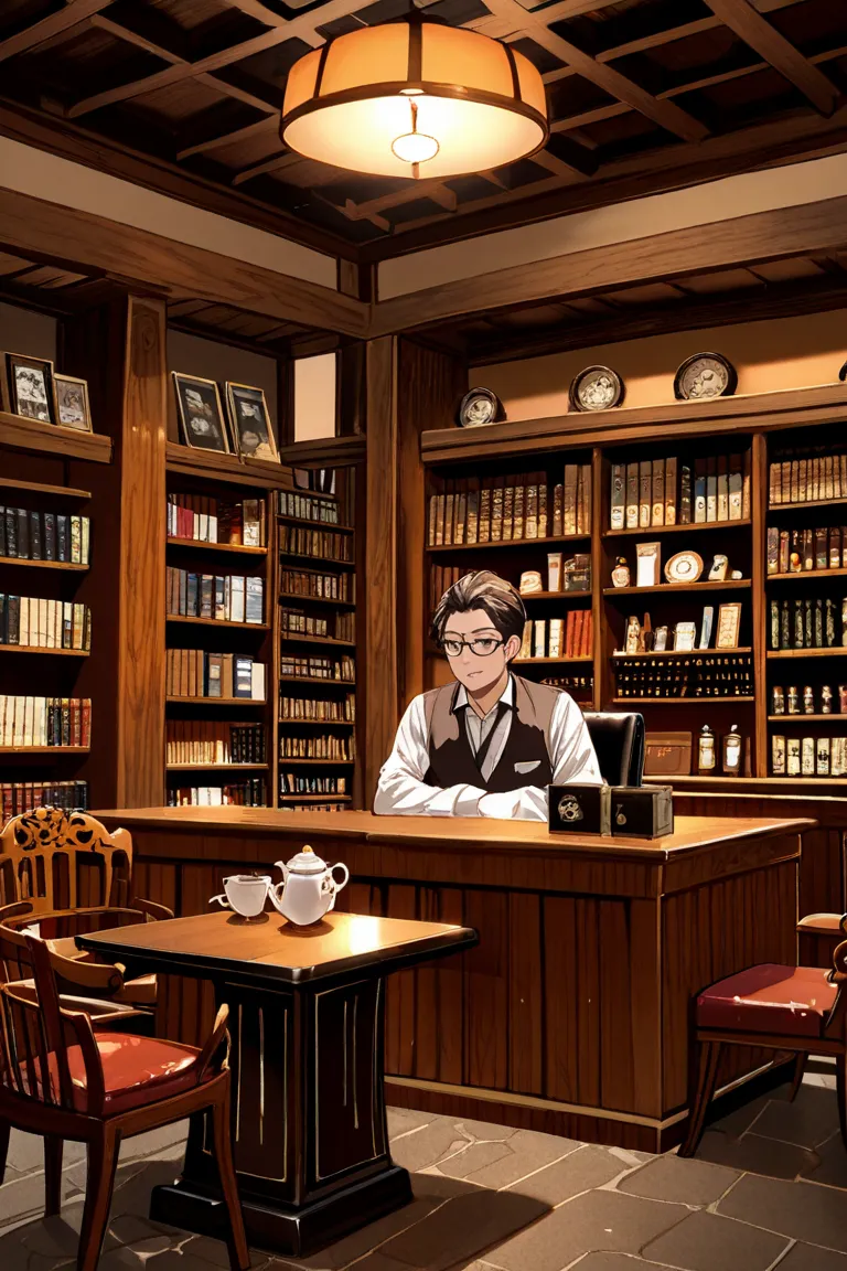 antique tea lounge double professors double trio couples sitting under ceiling Kyoto coffee shop chamber many bookshelf