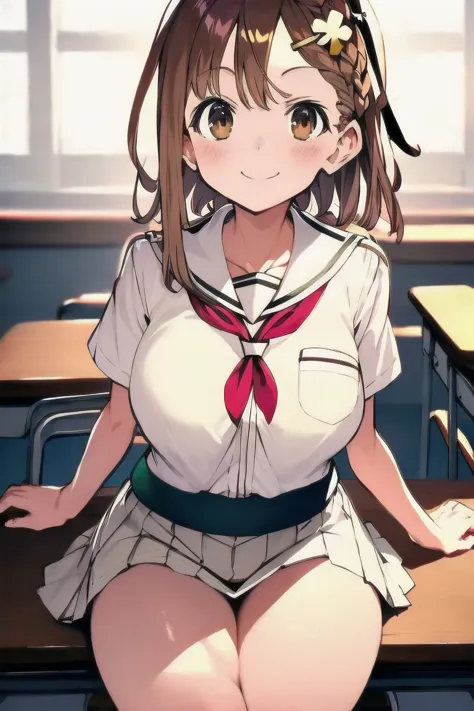 ライザリン・シュタウト,(masterpiece, best quality:1.2),2D, anime, Anime art, line art , watercolor,loli, 1 girl , chest, (large breasts),braid, (brown eyes), (brown hair), (reisalin stout), smile, solo, thighs,(school uniform:1.6), (short sleeve shirt:1.6),(white shi...