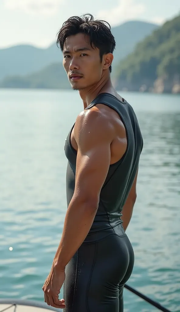 (photorealism:1.2),  very Handsome japanese man, 22-27 year-old, playing stand up paddle, half body