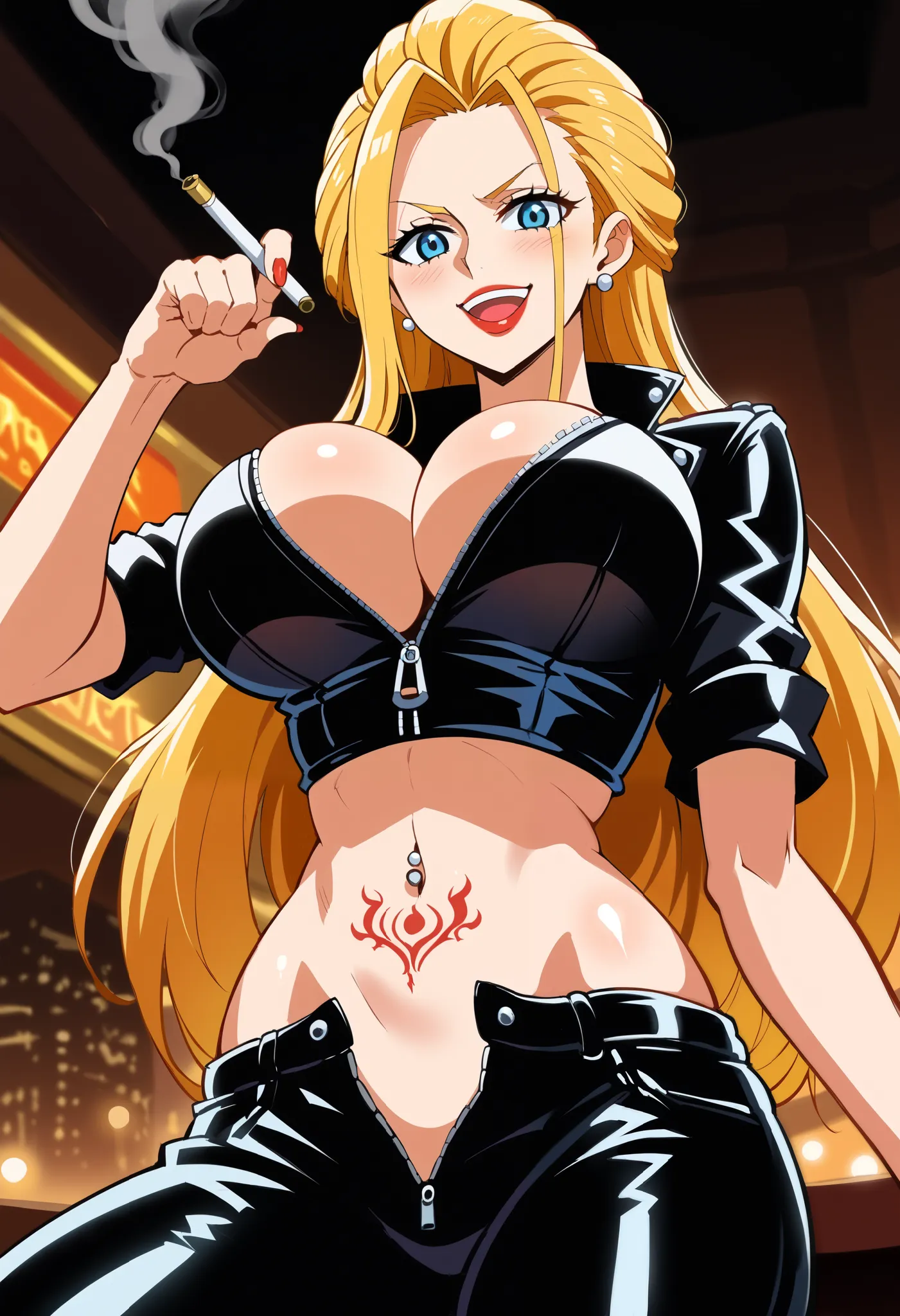 score_9, score_8_up, score_7_up, source_anime, black maria, blue eyes, long hair, blonde hair, big round breasts, lips, eyelashes, makeup, lipstick, anime screenshot, arrogant, pierced ears, long hair, blush, lipstick, Sexy girl, evil, smoking, sensual, at...