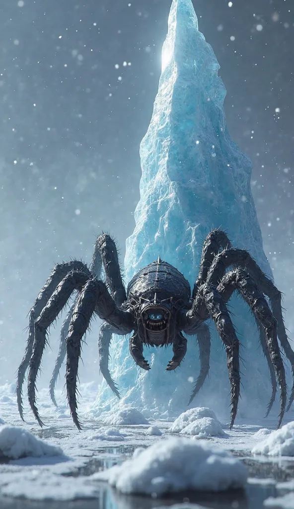 Spider standing beside a spear of ice block