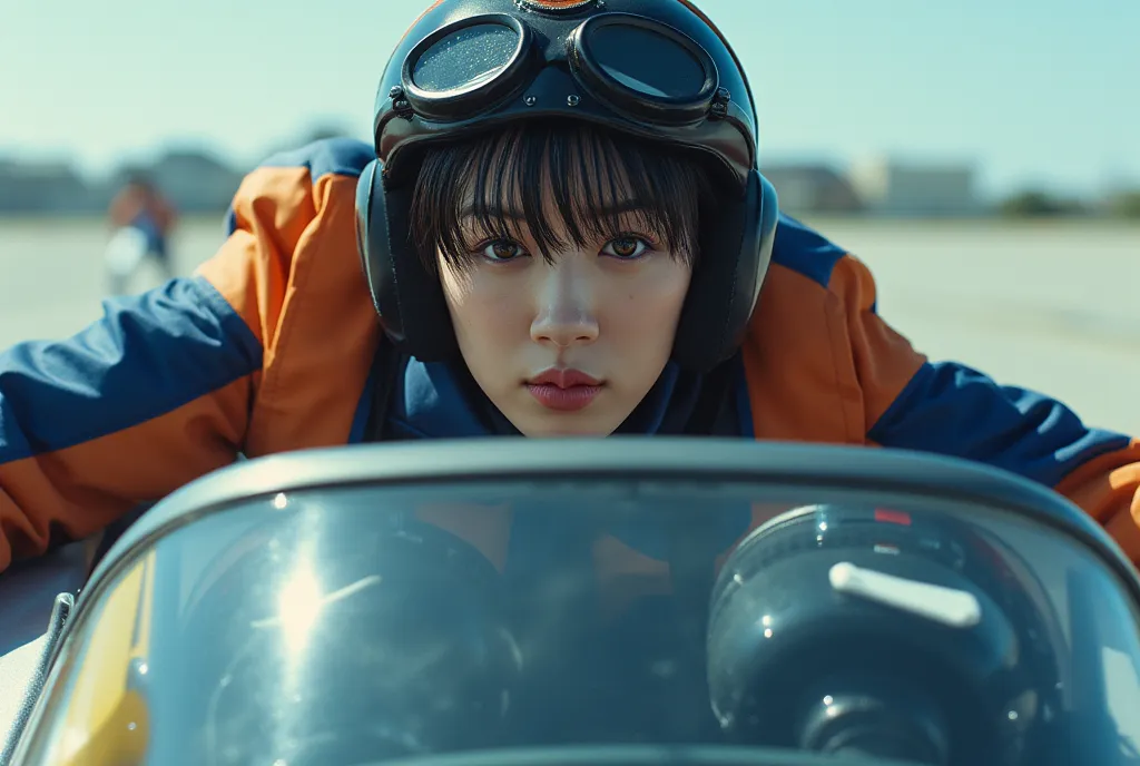 live-action、Genuine、a very beautiful Japanese high school girl spanning a flight unit、  navy blue and orange cyberpunk suit  、   black hair、Thick lips、Shiny part 、in flight、Propellers and small jet engines、data projected on a large windshield 、high quality...