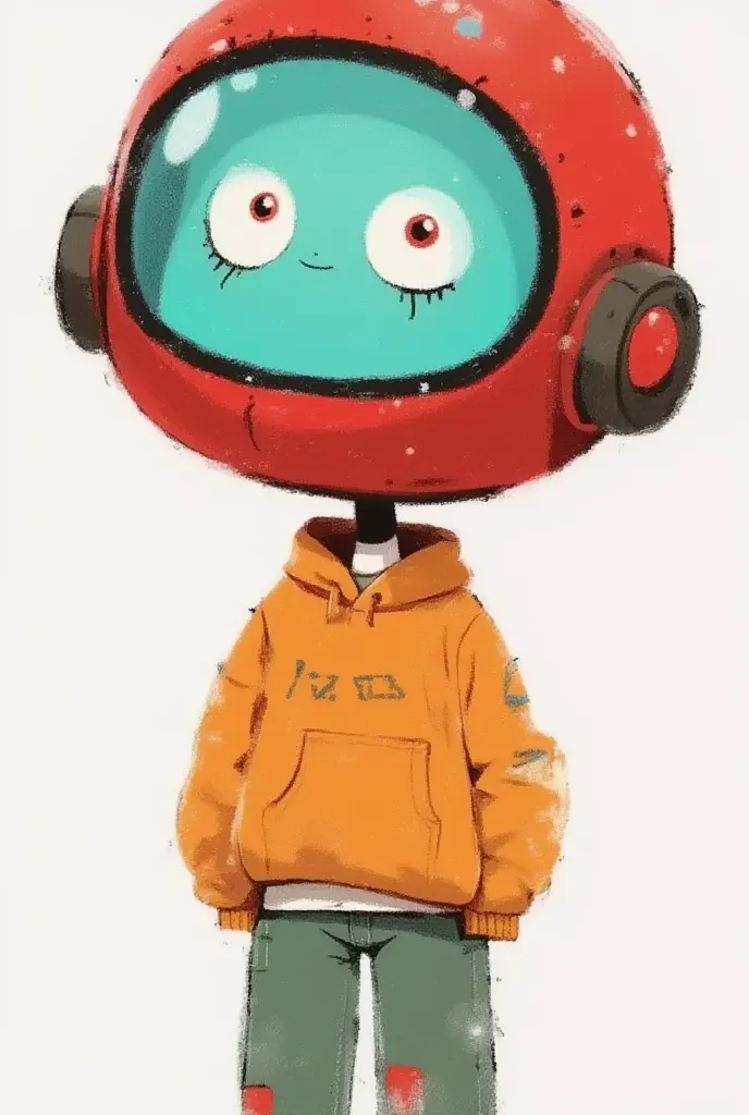 Create a character design for a cartoon style cute and chibi-style male black body stickman character. The character should be depicted wearing a trendy orange hoodie or jacket, paired with half trousers and stylish shoes. The standout feature is a spheric...