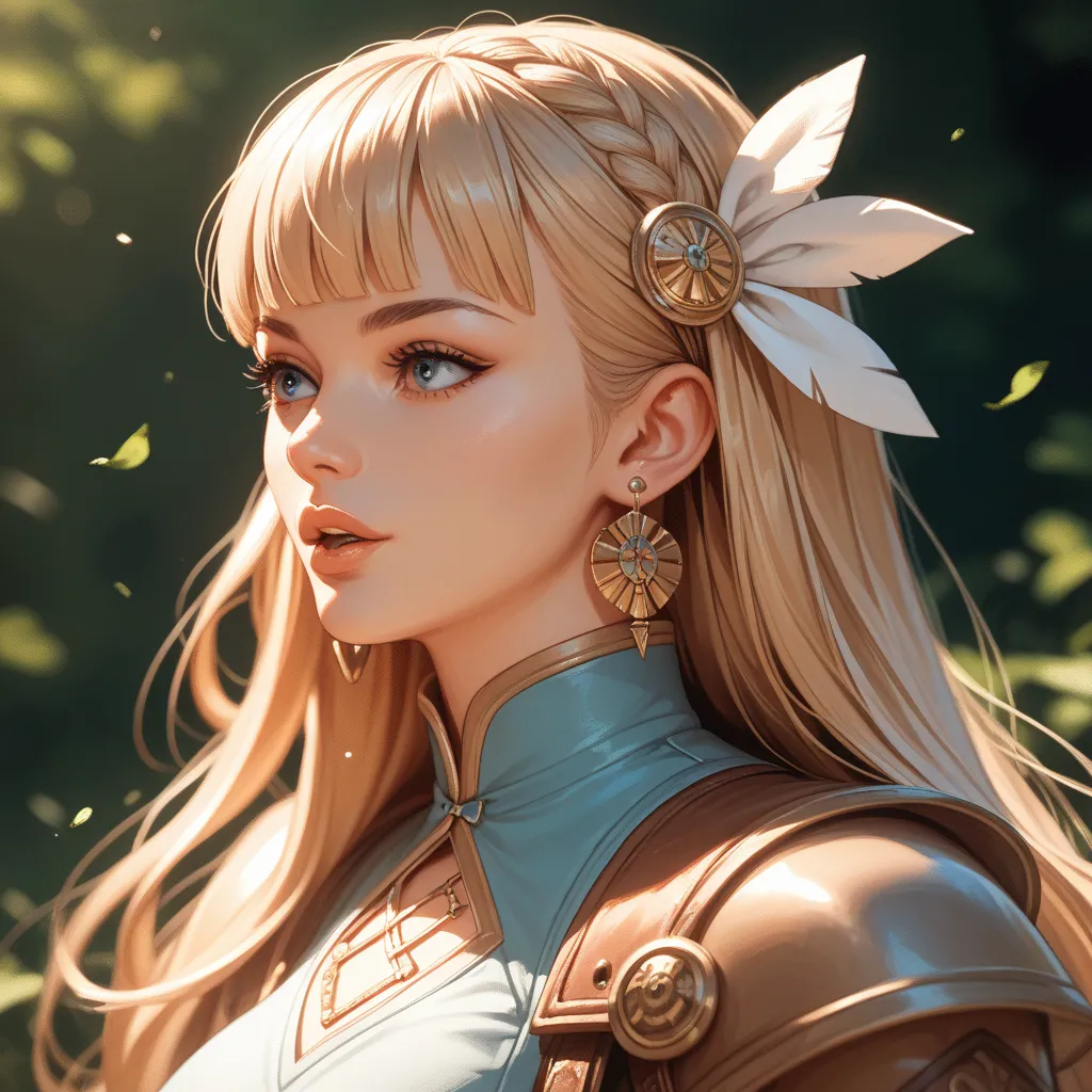 1 fille, Alone,  long hair, yeux vert claire, arc en main, Archer, fringe, Breasts, blond hair,  Hair Ornament, Ribbon, Duvets, jewelry, Queue de Cheval, earrings, half-open lips, HD model, Animated, 