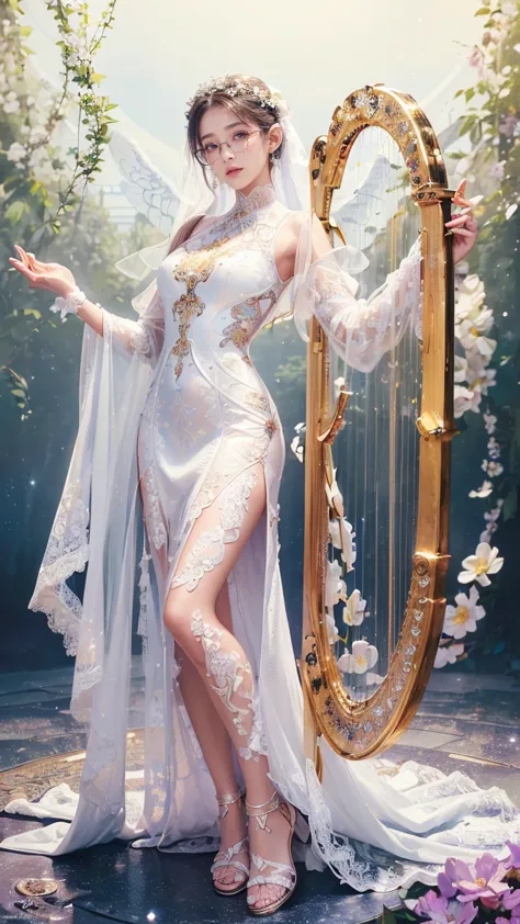 (Absurdly,high quality , very detailed,32K、high image quality、Ultra HD、Golden Ratio Face、realistic、complicated、heidi teal、ultra high resolution、Near Future Fantasy Art)、(((standing pose、 Angel Wings、The goddess who plays one harp)))、((( White Outfit 、see-t...