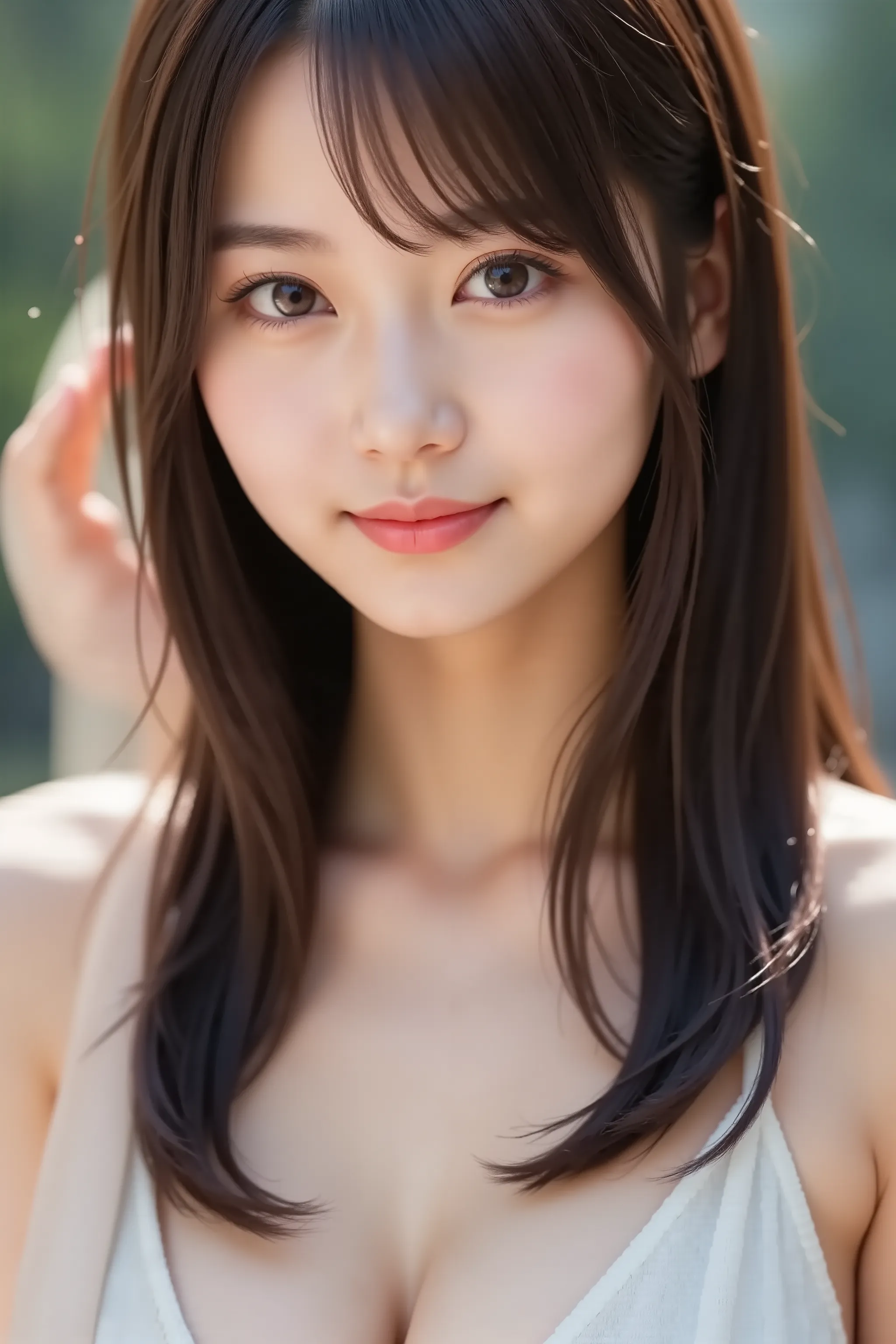 The face is positioned exactly in the center of the image , 's entire head is fully reflected , The entire face and head are clearly visible, bungs, smile, Young and cute Japanese faces , Hi-Res CG Unity 8K Wallpaper, in white for summer very detailed, Fil...