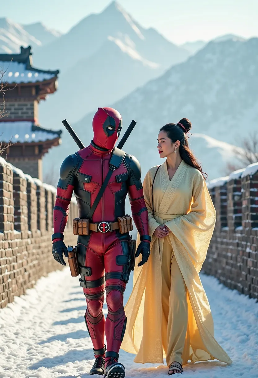 Deadpool wearing traditional clothes cina hanfu warna kuning muda dan seorang wanita cina berwajah cantik,wearing traditional clothes, is walking along ,left and right side background of the Great Wall of China,snowy mountain background, realistic image ,H...