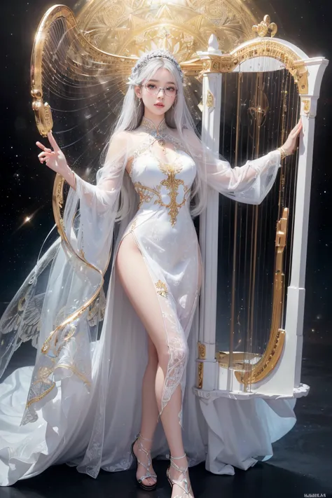 (Absurdly,high quality , very detailed,32K、high image quality、Ultra HD、Golden Ratio Face、realistic、complicated、heidi teal、ultra high resolution、Near Future Fantasy Art)、(((standing pose、 Angel Wings、Goddess with harp)))、(((Pure white outfit、black see-throu...