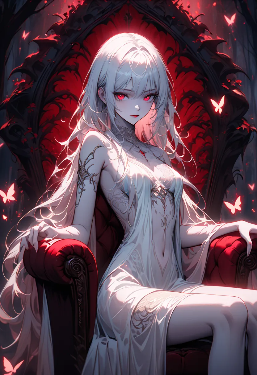 A beautiful, ethereal woman with long, flowing white hair and striking red eyes sits elegantly on a luxurious red velvet chair. She wears a delicate, semi-transparent white nightgown, with soft fabric draping over her body. Her pale skin glows under the mo...