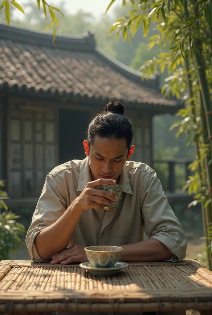 Asian cuckold, sitting in front of the old house, sitting at the bamboo table drinking tea