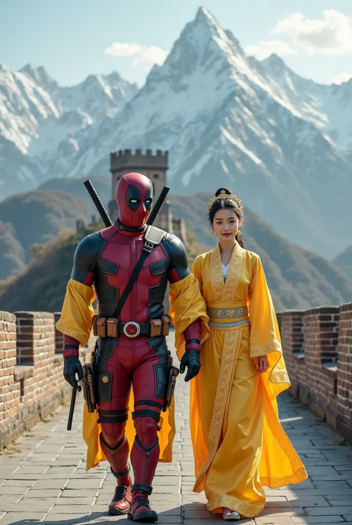 Deadpool wearing traditional clothes cina hanfu warna kuning muda dan seorang wanita cina berwajah cantik,wearing traditional clothes, is walking along ,left and right side background of the Great Wall of China,snowy mountain background, realistic image ,H...