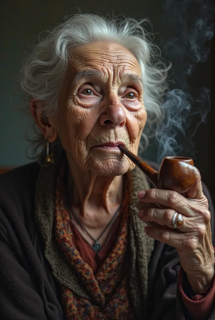 Photo of a grandmother who smokes a clog with her ear