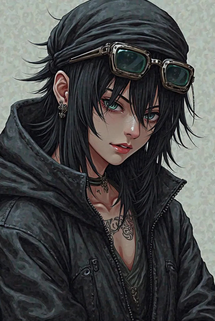 a  from anime with black y2k shield glasses,piercing,keffiyeh,vintage chrome scarf on the head, scene spike long hair,hand chest tattoo like a clothes