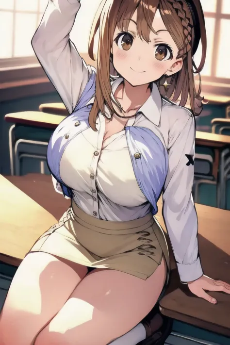 ライザリン・シュタウト,(masterpiece, best quality:1.2),2D, anime, Anime art, line art , watercolor,loli, 1 girl , chest, (large breasts),braid, (brown eyes), (brown hair), (reisalin stout), smile, solo, thighs,(school uniform:1.6), (long sleeve shirt:1.6),(white shir...