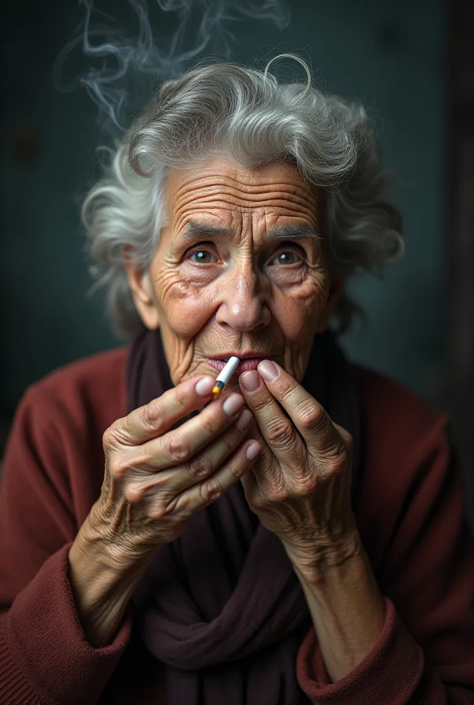 Photo of a grandmother who smokes 2 cigarettes with her nose