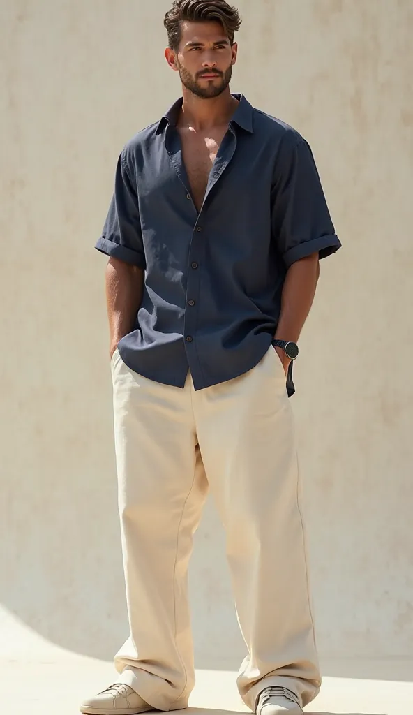 Handsome hunk male in cream colour Wide-Leg Trousers and loose fitting navy blue shirt 