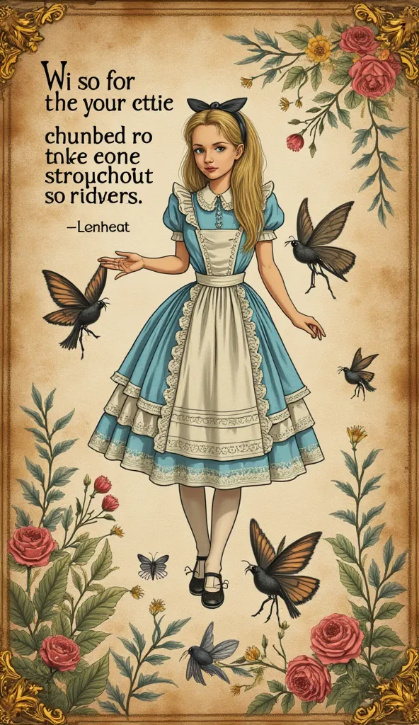 create vintage style of a Antique Book Pages (Alice-themed illustrations & quotes), alice in wonderful theme, overlaid on aged book pages, bright colors,  emerging from scattered ephemera and weathered paper textures paired with subtle gold foil accents, 2...