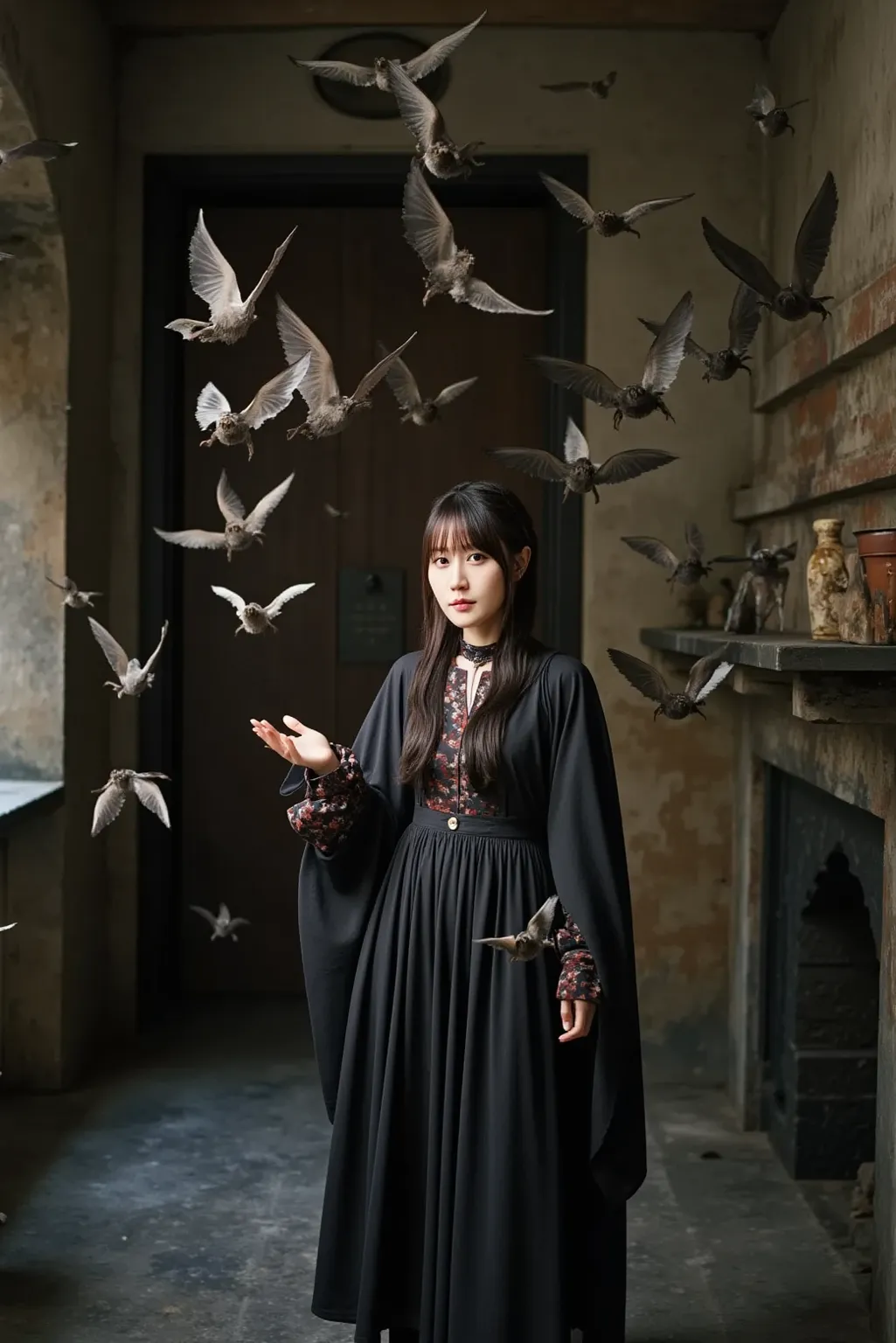 「A female half-vampire, half-human character in a dimly lit house, wearing a black cloak. She stands in the center, surrounded by numerous bats flying around her. The atmosphere is mysterious and eerie, with shadows casting across the walls and an old, got...