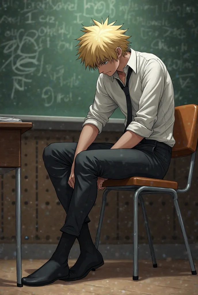 death note, anime cartoon. light yagami sitting on chair, inside classroom, showing feet, feet on the table, black socks, crossed feet, dominant, cocky, master. classmate slave. classmate bowing, feet worship. school