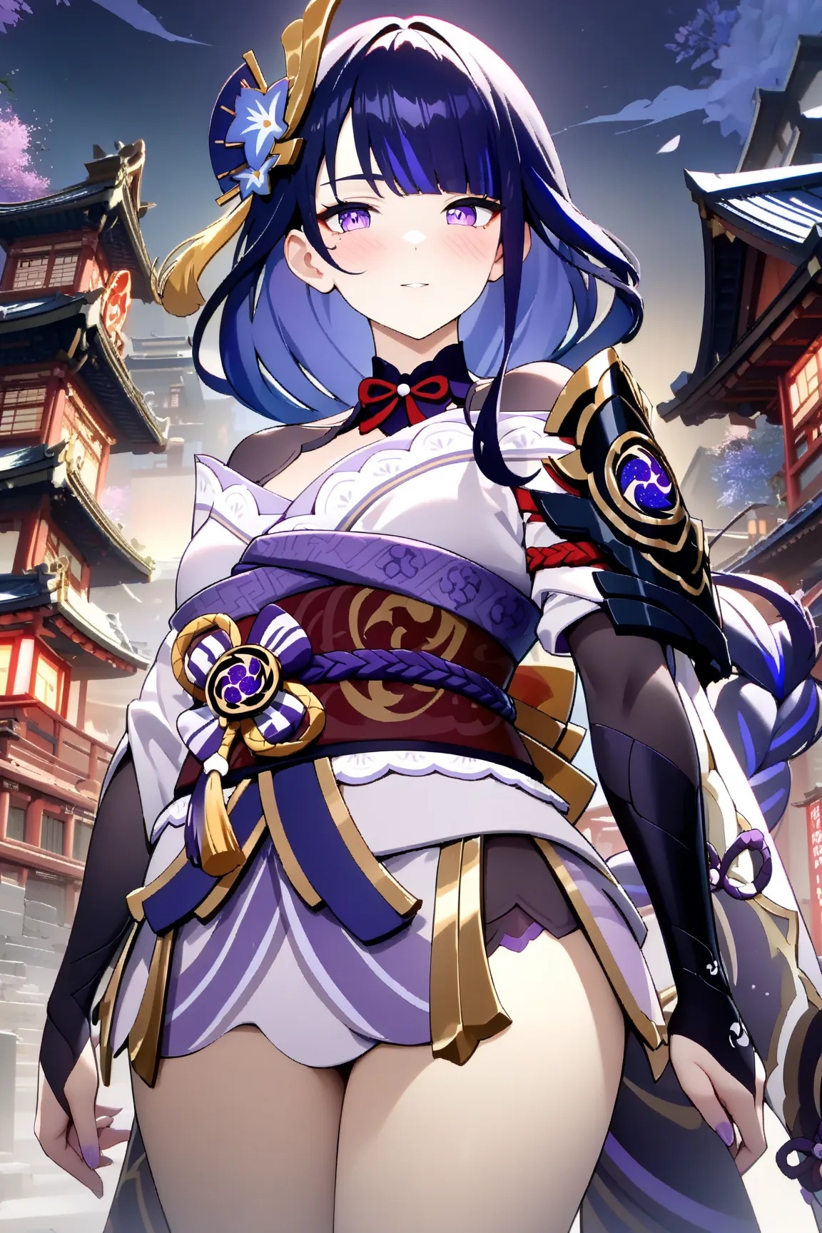 Raiden Shogun, (Genshin Impact), "A noble and elegant warrior inspired by Raiden Shogun from Genshin Impact, wearing intricate traditional Japanese attire. She dons a luxurious kimono with deep violet and black hues, decorated with golden embroidery and sa...