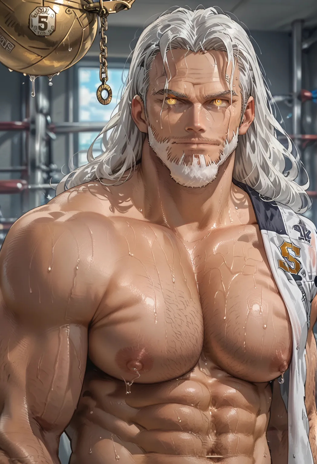 Silver Rayleigh staring at golden pendulum, American football, shoulder pads, white hair, white beard, muscular, muscles, big biceps, broad shoulders, massive pecs, sweaty, hairy chest, glowing golden spiral in the eyes, blank expression, vacant stare, hyp...