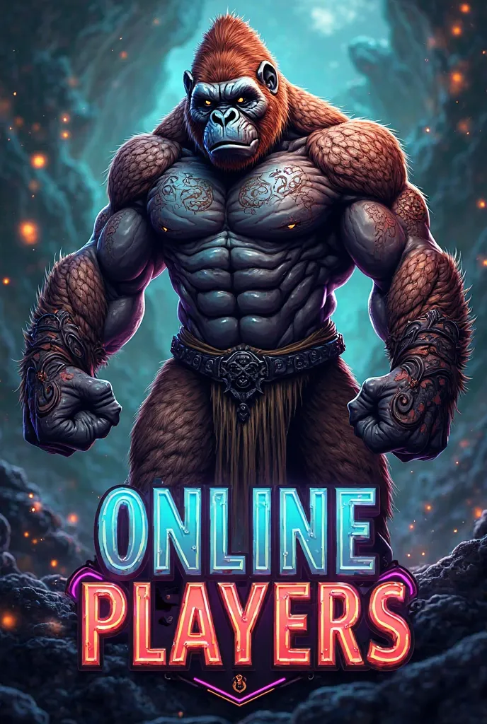 Create a logo with gorilla warrior in the background and that says ONLINE PLAYERS