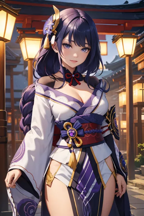 Raiden Shogun, (Genshin Impact), "A noble and elegant warrior inspired by Raiden Shogun from Genshin Impact, wearing intricate traditional Japanese attire. She dons a luxurious kimono with deep violet and black hues, decorated with golden embroidery and sa...