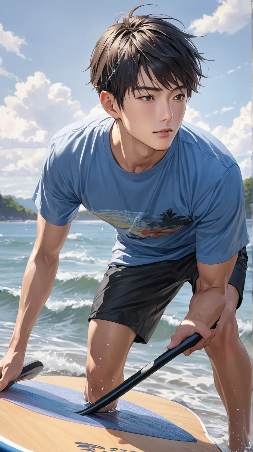 (photorealism:1.2),  very Handsome japanese man, 22-27 year-old, playing stand up paddle, 