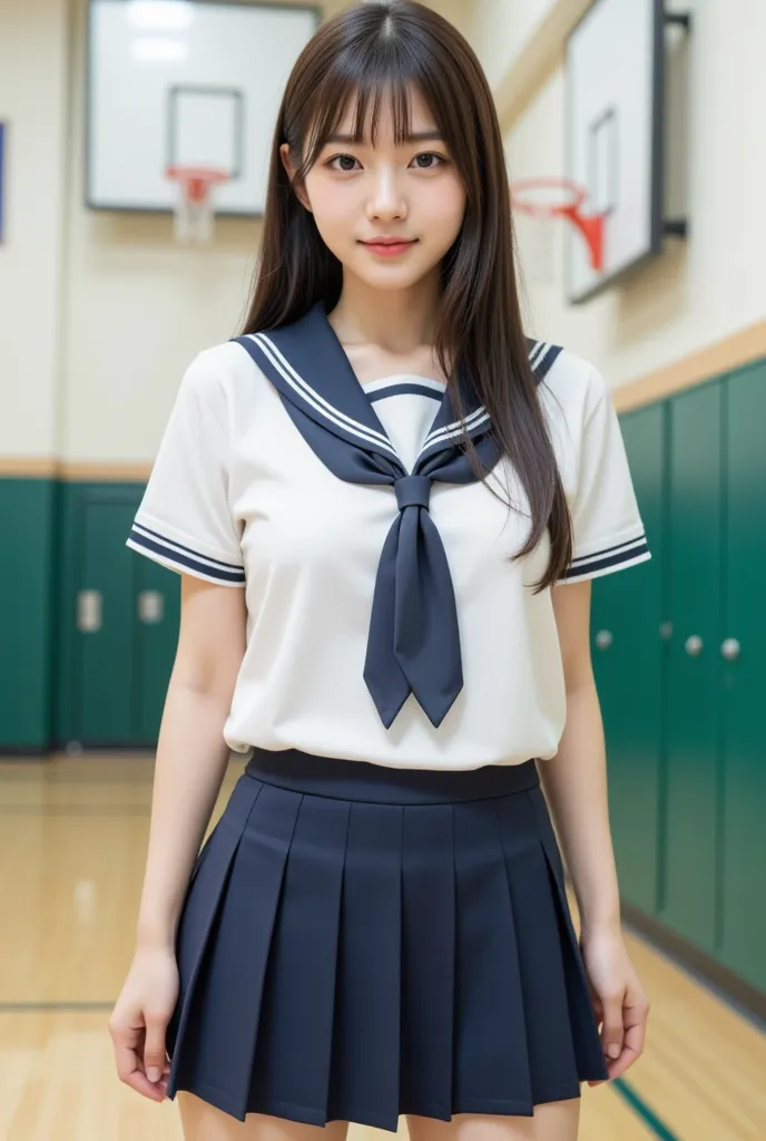  Japanese cute idol, Japanese cute girl,  cute, In the storeroom of the school gym、sailor suitを着た美しい若い女の子が立っています, hidden hair, Alone,  school uniform, sailor suit, Skirt,   black hair, long hair, viewers,  socks, masterpiece, best quality, Super Detail, ve...