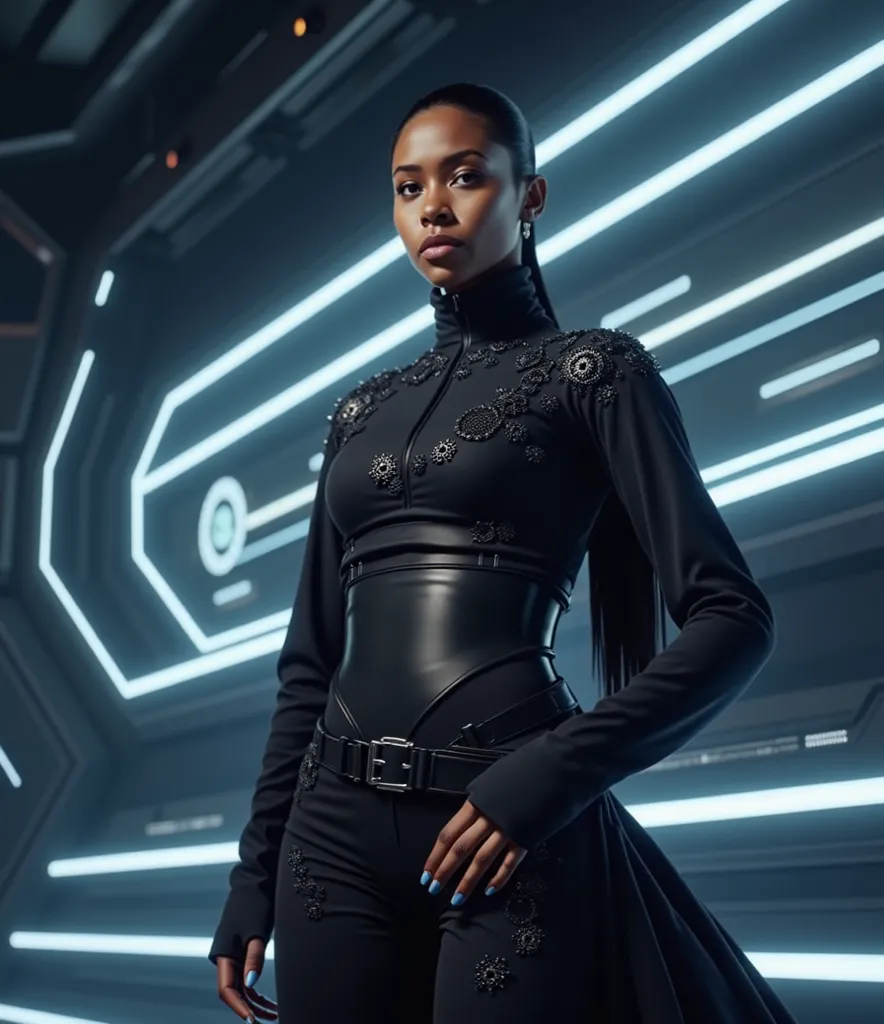 (Hyper-realistic, ultra-detailed, cinematic lighting, sci-fi aesthetics) A futuristic, confident woman with medium-dark skin, full lips, and sleek hair pulled back, wearing a high-neck black outfit with a corset-like structure and embroidered celestial pat...