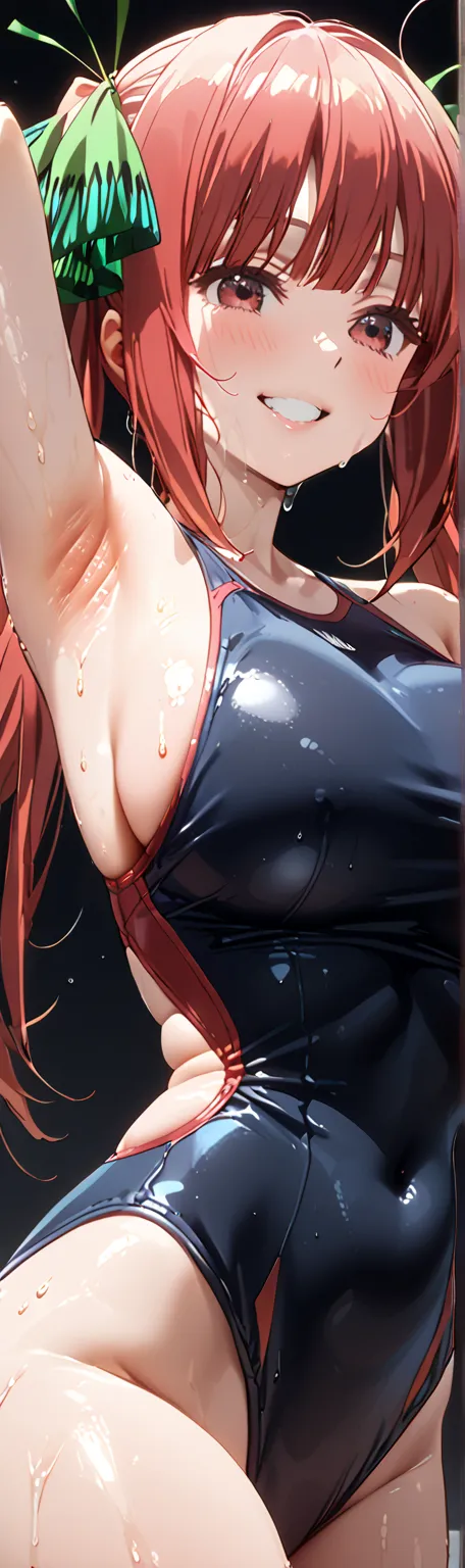 (top quality、greatest masterpiece、detailed、4K)、One Woman、、Light red hair、Twin Tails、((( Nino Nakano)))、super big boobs、High Leg Swimsuit、Beautiful Thighs、(beautiful side)、sweaty、(( super embarrassing))、smile、(((Armpit Zoom)))