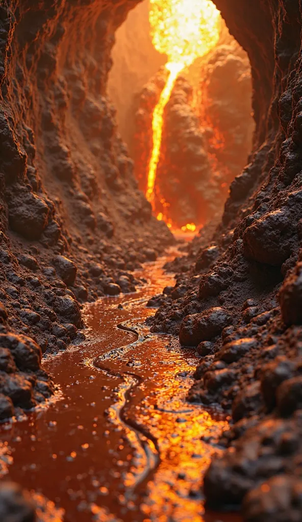 A giant chocolate volcano erupts with molten cocoa, flowing into neatly arranged molds in an underground chocolate factory. Tiny miners, wearing heat-resistant suits, carefully channel the delicious lava into barrels."