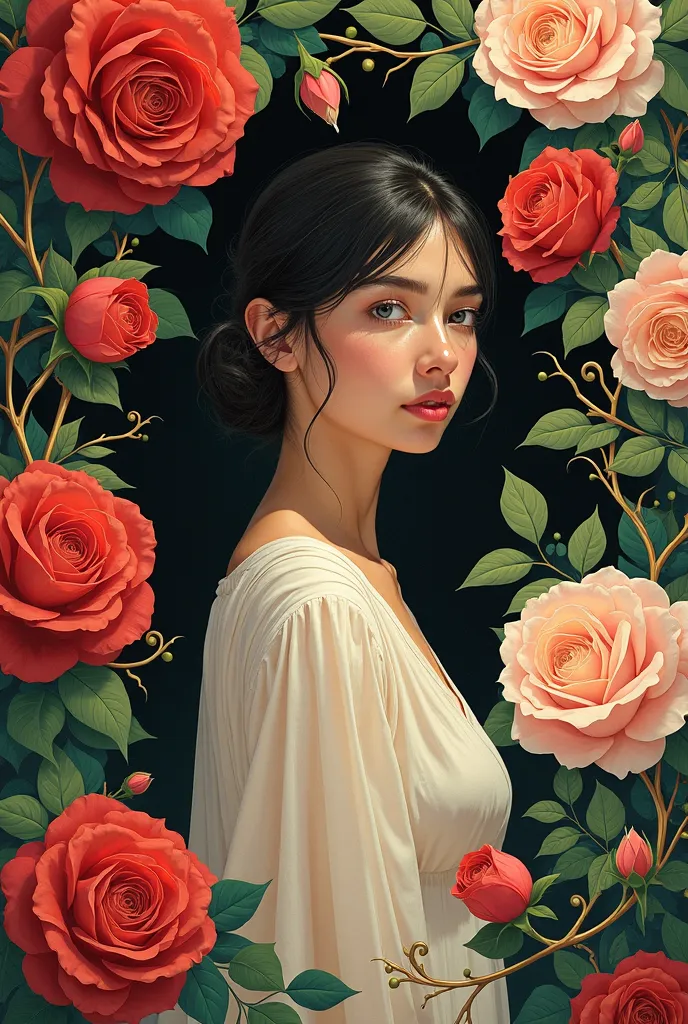 A girl in the background of a blooming rose bush in the art deco style